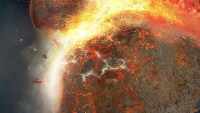 Ilustración de la colisión de Theia con la antigua Tierra