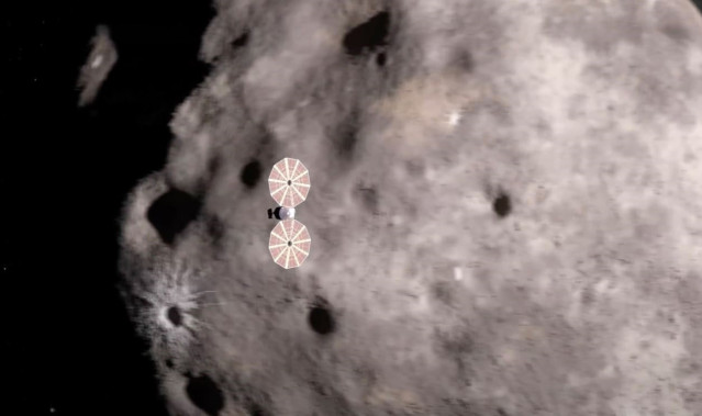 Ilustración de Lucy sobrevolando un asteroide en su misión