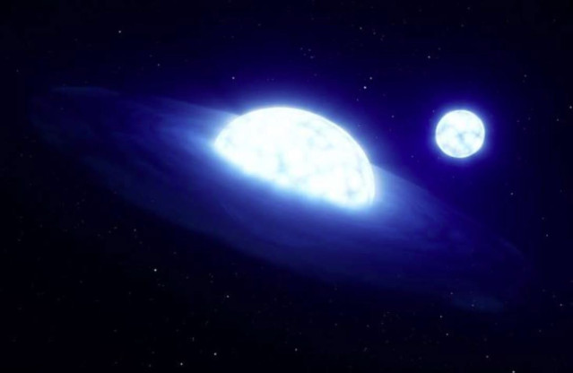 Impresión artística compuesta por una estrella con un disco a su alrededor (una estrella Be 'vampiro'; primer plano) y su estrella compañera a la que se le han despojado de sus partes exteriores (fondo).