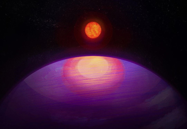 Representación artística de la posible vista desde LHS 3154b hacia su estrella anfitriona de baja masa. Dada su gran masa, LHS 3154b probablemente tenga una composición similar a la de Neptuno