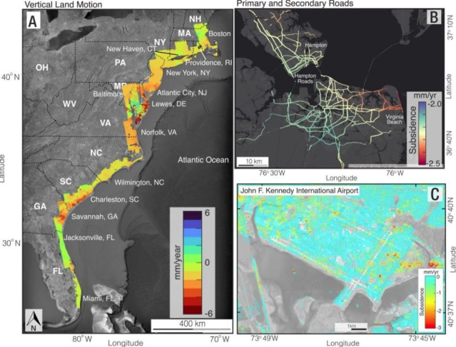 Las áreas amarilla, naranja y roja en estos mapas indican áreas de hundimiento.