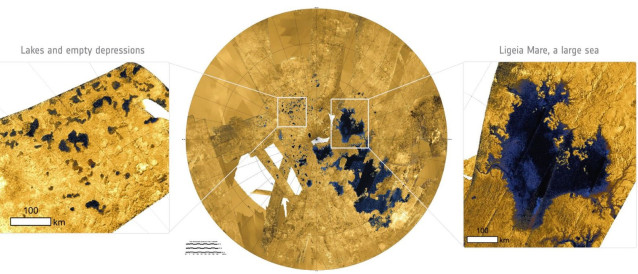 El radar atraviesa el espeso velo de smog de Titán, revelando lagos y un gran mar en la región del polo norte, capturados por la nave espacial Cassini. En Ligeia Mare se han visto aparecer y desaparecer puntos brillantes transitorios, “islas mágicas'.