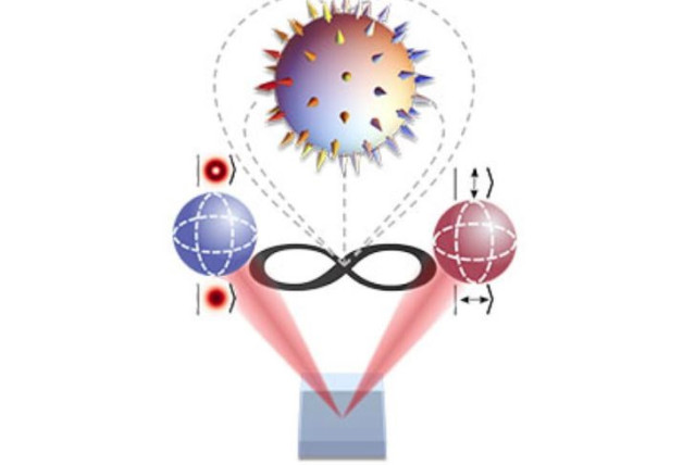 Ilustración conceptual de la topología entrelazada de Skyrmion. Cada fotón contribuye a la topología emergente que sólo existe como una entidad combinada de los dos fotones.