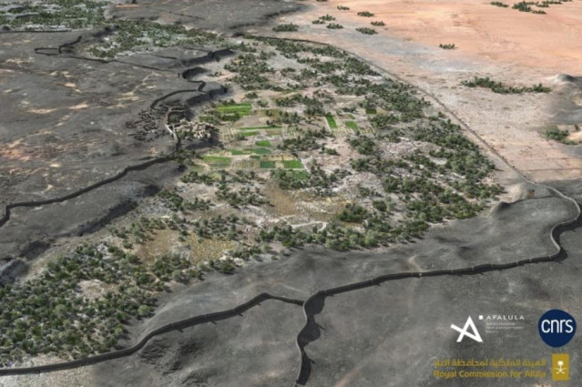 Reconstrucción digital de la red de murallas de la sección norte del oasis amurallado de Khaybar hace 4.000 años.