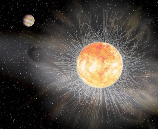 Imagen compuesta que ilustra el sistema 51 Pegasi y su campo magnético medido. El 'frenado magnético débil' detectado de 51 Peg representa un cambio relativamente repentino que hace que el entorno magnético sea más estable.