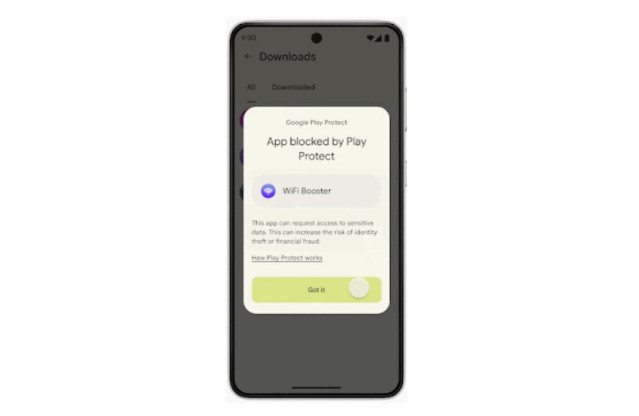 Notificación de instalación bloqueada por posible app de fraude financiero
