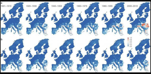 Cambios estimados en el riesgo de circulación local del virus del Nilo Occidental desde principios del siglo pasado en todo el continente europeo.
