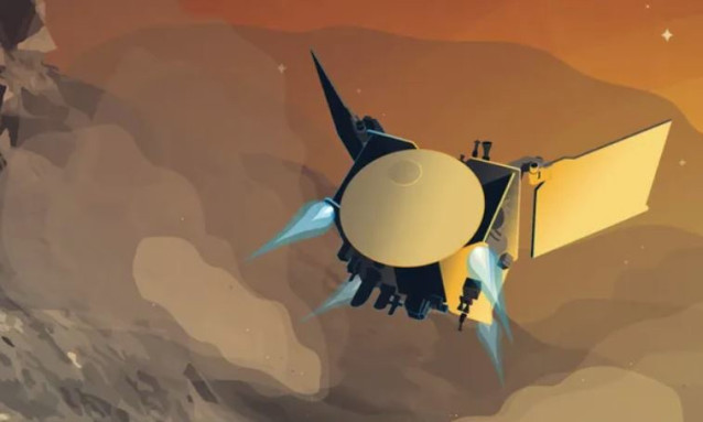 La nave espacial OSIRIS-APEX de la NASA dispara sus propulsores cerca del asteroide Apophis en esta ilustración artística de la misión extendida de la sonda después de su éxito en la devolución de muestras OSIRIS-REx el 24 de septiembre de 2023.