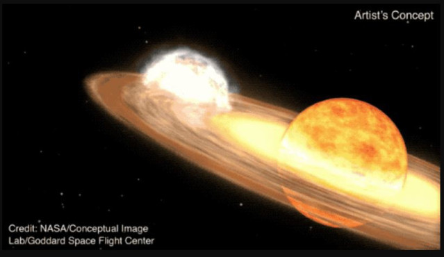 Una estrella gigante roja y una enana blanca orbitan entre sí en esta animación de una nova.
