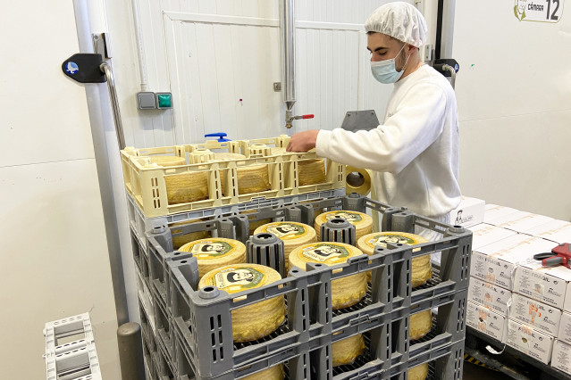 Archivo - Un operario pone etiquetas al queso en la fábrica Don Apolonio en Malagón, Ciudad Real , Castilla-La Mancha (España), a 26 de marzo de 2021.
