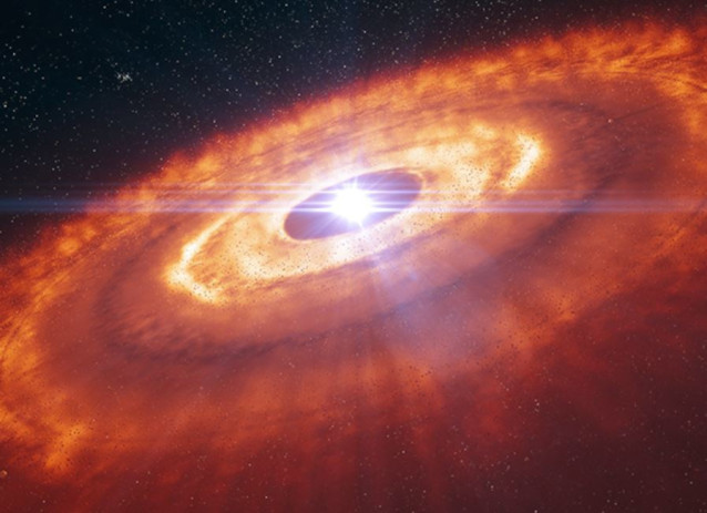 La impresión de este artista muestra una estrella joven rodeada por un disco protoplanetario, donde los granos de polvo se juntan para formar planetesimales, los componentes básicos de nuevos planetas.