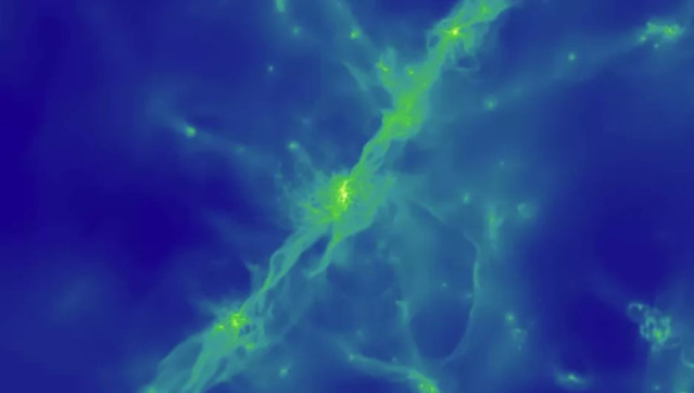 Parte del universo simulado. En el centro nace una galaxia a través de gas que luego se transforma en estrellas. Todo el proceso lleva miles de millones de años pero se simula en sólo unos meses mediante supercomputadoras.