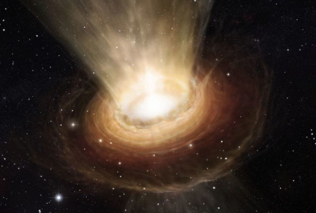 Una impresión artística adaptada para resaltar el gas que se dispersa desde un disco de formación de planetas.