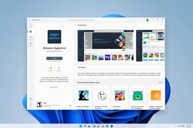 Interfaz de Windows 11 con Amazon Appstore