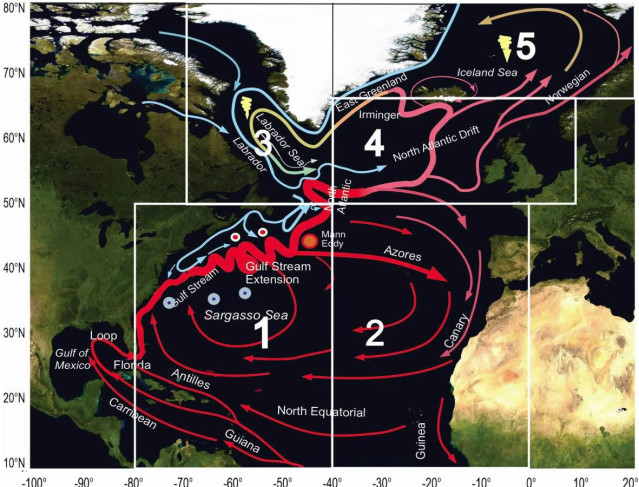 Un esquema de la circulación de la capa superior del Océano Atlántico Norte.