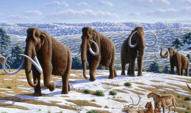 Visión artística del mamut lanudo (Mammuthus primigenius) en un paisaje del Pleistoceno tardío en el norte de España