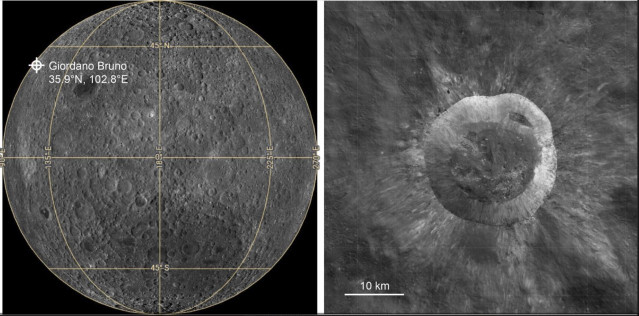 La ubicación y topografía del cráter lunar Giordano Bruno. A la izquierda hay un mapa de la cara oculta lunar utilizando Lunar QuickMap. A la derecha está el mapa topográfico del cráter a partir de los datos de la Lunar Reconnaissance Orbiter Camera