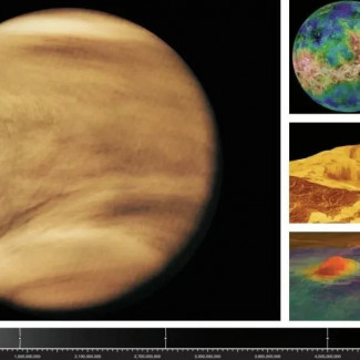 Esta litografía presenta imágenes de Venus de las misiones Pioneer Venus, Magellan, TRACE y Venus Express.