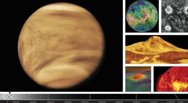 Esta litografía presenta imágenes de Venus de las misiones Pioneer Venus, Magellan, TRACE y Venus Express.