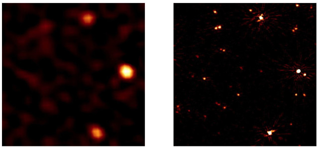 Lo viejo versus lo nuevo. A la izquierda se muestra una imagen de un trozo de cielo observado con la mejor técnica de calibración hasta ahora. A la derecha se muestra el mismo trozo de cielo con la nueva técnica.