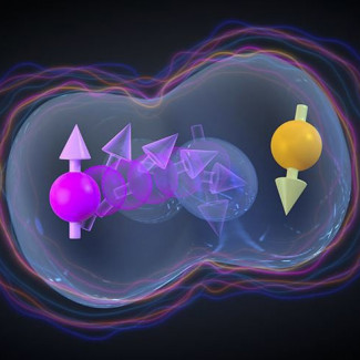 Dos qubits de espí-agujero que interactúan: a medida que un agujero (magenta/amarillo) hace un túnel de un sitio a otro, su espín gira debido al acoplamiento de espín-órbita, lo que lleva a inte