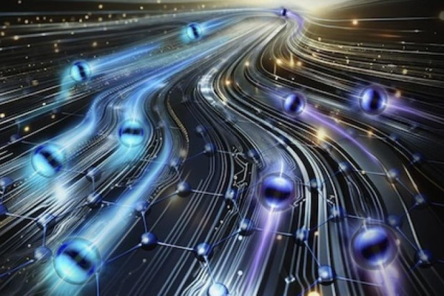 Interpretación artística de la superautopista de electrones que puede ocurrir en el grafeno romboédrico, un tipo especial de grafito (mina de lápiz).