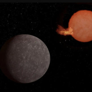 Concepto artístico del exoplaneta SPECULOOS-3 b orbitando su estrella enana roja. El planeta es tan grande como la Tierra, mientras que su estrella es un poco más grande que Júpiter, pero mucho má