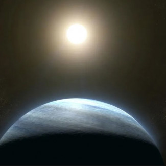 Concepto artístico del planeta TOI 4633 c en su sistema estelar doble.