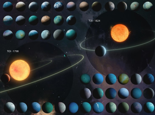 La concepción artística de 126 planetas en el último catálogo de TESS-Keck Survey se basa en datos que incluyen el radio, la masa, la densidad y la temperatura del planeta.