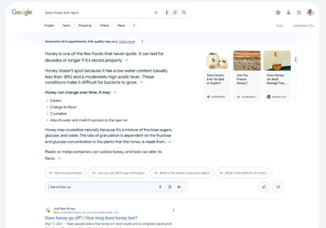 Interfaz de la experiencia generativa de búsqueda de Google
