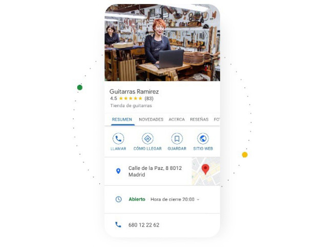Ejemplo de perfil de empresa que se muestra en el Buscador y en Maps