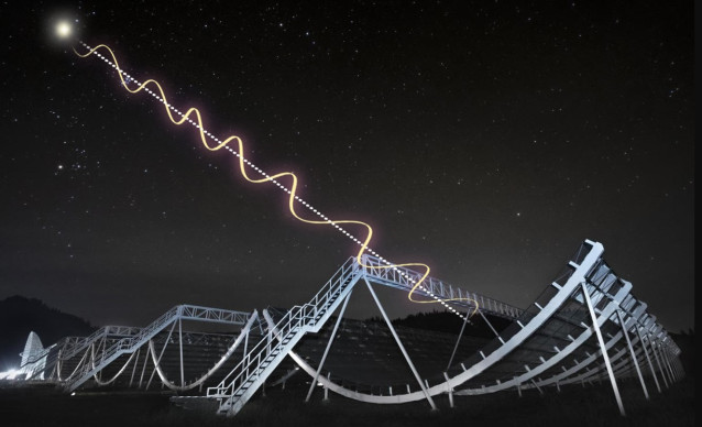 Representación artística de cómo cambia el ángulo de la luz polarizada de una FRB a medida que viaja a través del espacio.