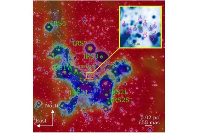 Gráfico de hallazgos de múltiples longitudes de onda del ≈0,4 pc interno del centro galáctico observado en la banda K (roja) y la banda L (azul) observada con NACO (VLT).