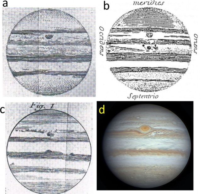 Dibujos de la Mancha Permanente de Júpiter realizados por Cassini en el siglo XVII (a-c). A modo de comparación, (d) muestra la Gran Mancha Roja actual, tomada por Eric Sussenbach.