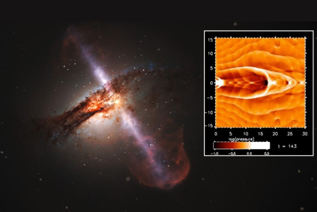 Una simulación del «corazón y los pulmones» de una galaxia en funcionamiento se muestra insertada en una impresión artística de chorros bipolares de gas que se originan en un agujero negro supermasivo en el centro de una galaxia.