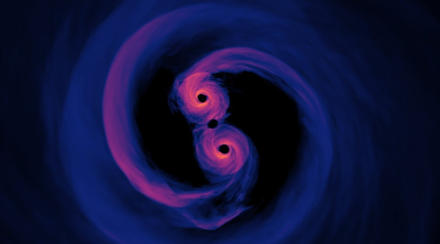 Simulation of the light emitted by a supermassive black hole binary system where the surrounding gas is optically thin (transparent).