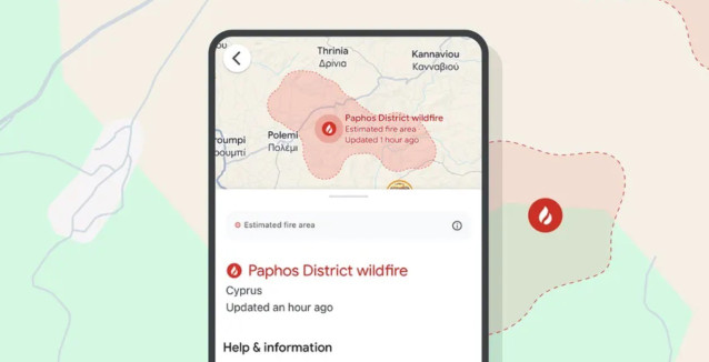 Pantalla de notificación sobre incendios en Google Maps