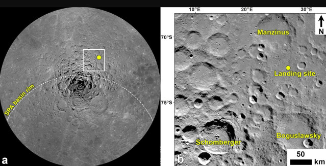 Imagen mosaico del polo sur lunar que muestra el lugar de aterrizaje de Chandrayaan-3