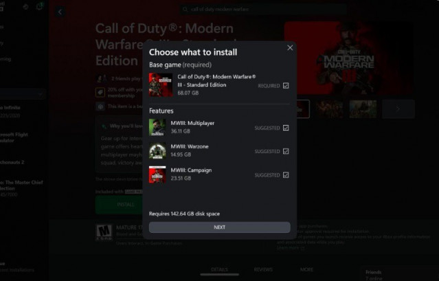 Elección de instalación de descargas en la app Xbox