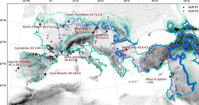 Contornos del tiempo de llegada de la expansión humana en miles de años, definidos por la densidad de población que alcanza 0,4 P 100 km−2 por primera vez