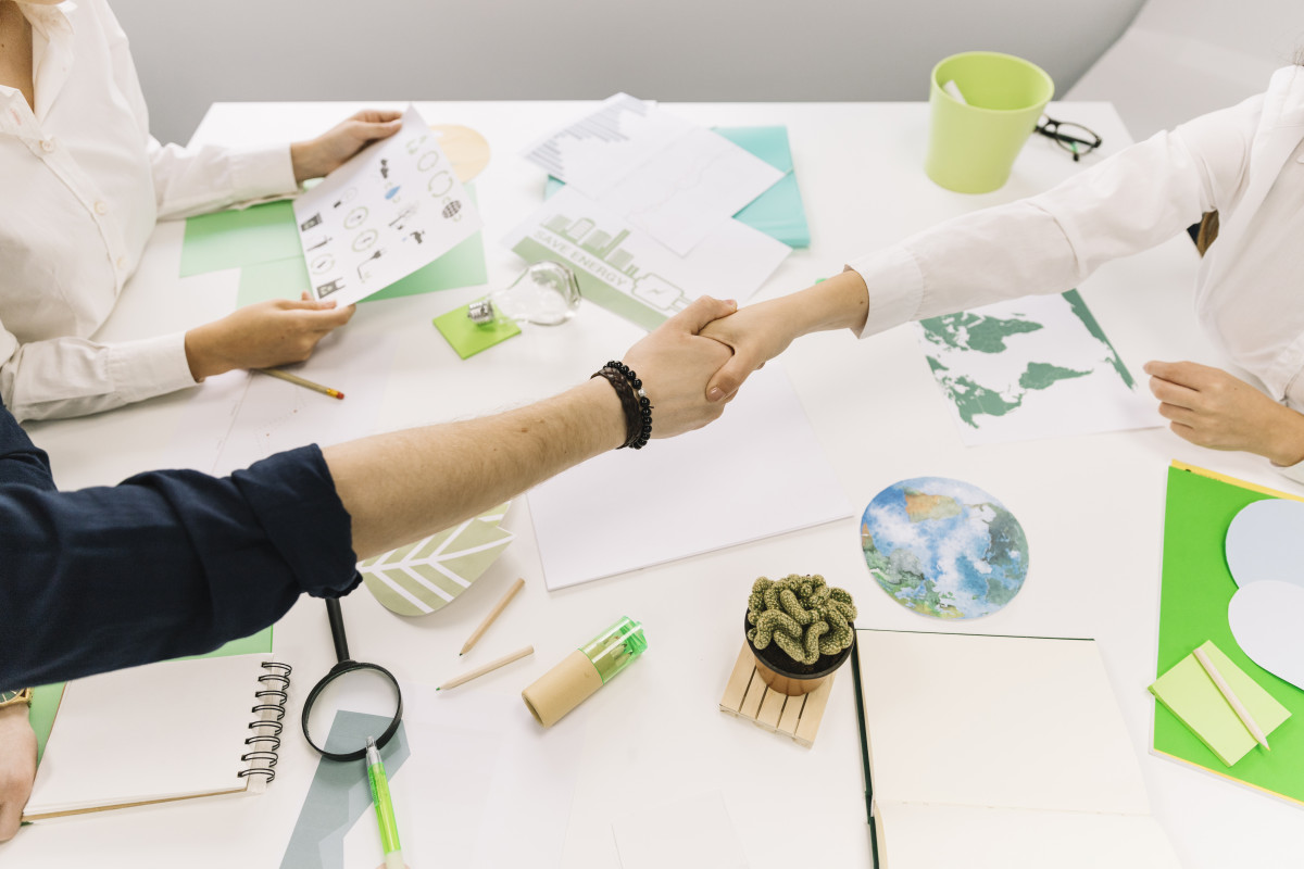 Businessman shaking hands with his partner desk