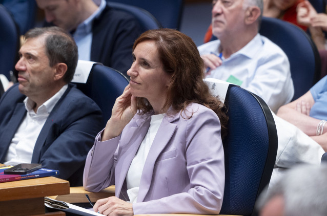 La ministra de Sanidad, Mónica García, asiste a la jornada 'Learning from Health Systems Analysis: The Health System in Spain', en el Ministerio de Sanidad, a 16 de septiembre de 2024, en Madrid (España). La sesión se organiza con el apoyo del Ministerio