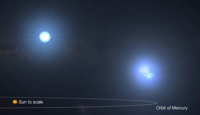 Esta concepción artística ilustra la estrecha órbita entre las tres estrellas del sistema denominado TIC 290061484.