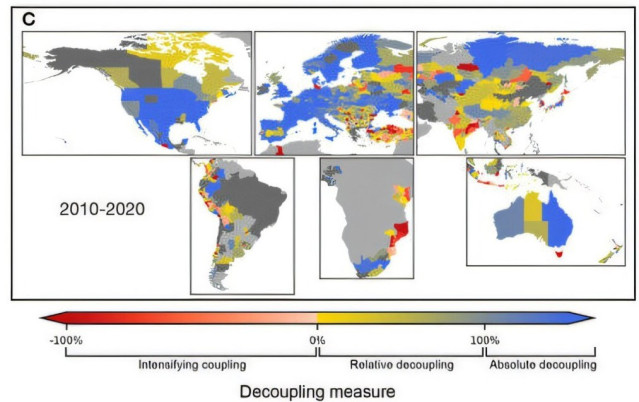 Tasas de desvinculación entre las emisiones de CO2 y el producto regional bruto en todo el mundo. El mapa ilustra las tasas de desvinculación regional por decenios para el período 2010-2020.