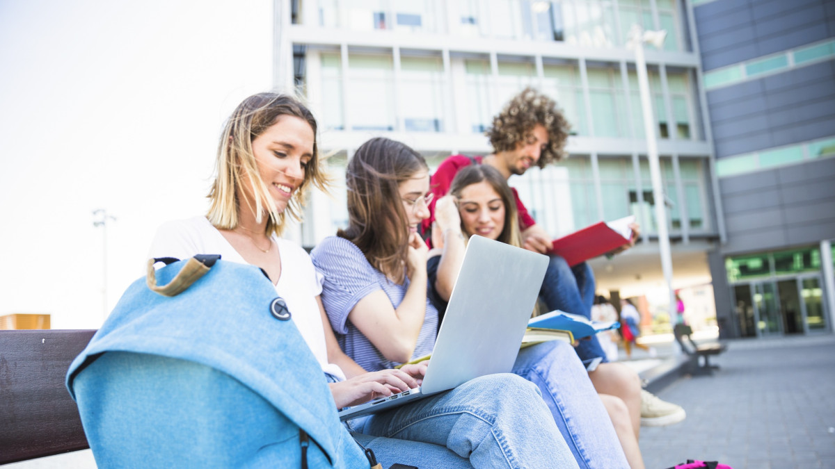 Female using laptop near studying friends