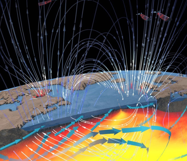 Los flujos de marea del agua salada del mar de la Tierra a través de las líneas del campo magnético de la Tierra generan corrientes eléctricas dentro del océano.
