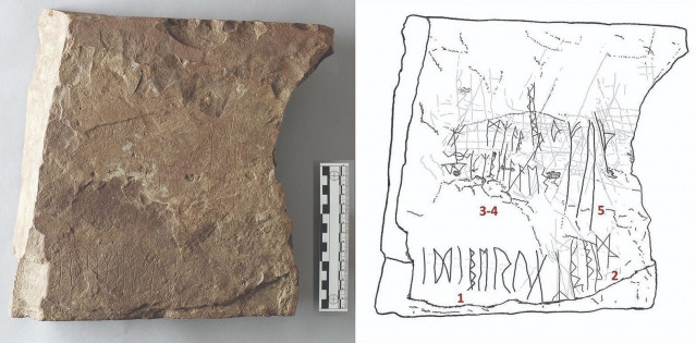 Izquierda: fragmento de arenisca grabado con una inscripción rúnica. Derecha: dibujo de la piedra, haciendo más claras las runas.