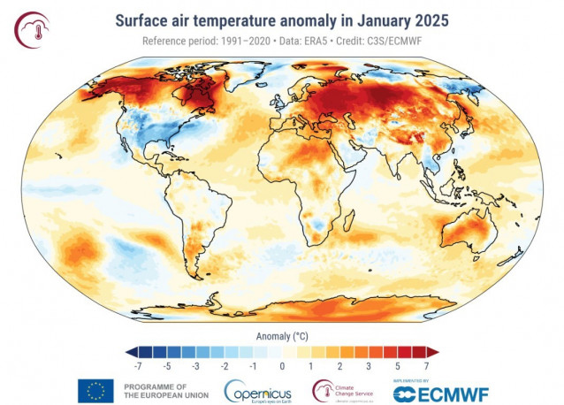 Anomalía de la temperatura del aire superficial para enero de 2025 con respecto al promedio de enero para el período 1991-2020.