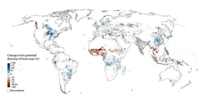 Cambio en la diversidad potencial de cultivos alimentarios en el escenario de calentamiento global de +2 °C en comparación con la situación actual (%).