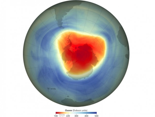 Archivo - Este mapa muestra el tamaño y la forma del agujero de ozono sobre el Polo Sur el 28 de septiembre de 2024, el día de su extensión máxima anual, según los cálculos del equipo Ozone Watch de la NASA.